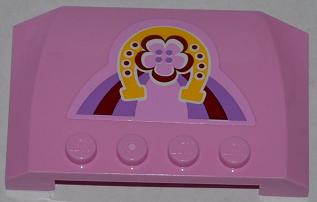 A pink LEGO wedge 4x6x2/3 triple curved piece with a yellow horseshoe, light purple flower, and rainbow pattern, and four studs.