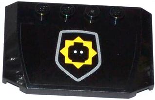 Black LEGO 4x6 triple curved wedge with four silver studs and a badge sticker: yellow starburst enclosing a black minifigure head.
