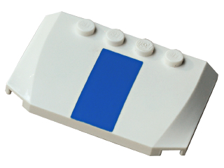 White LEGO 4x6x2/3 triple curved wedge brick with four studs and a central blue stripe pattern.
