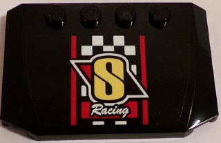 LEGO 52031pb087 - Wig 4 x 6 x 2/3 Drievoudig gebogen met 'S Racing' en wit ruitpatroon (Sticker) - Set 60084
