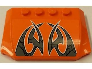 Orange LEGO Wedge 4 x 6 x 2/3 Triple Curved with a black and silver abstract tribal pattern.
