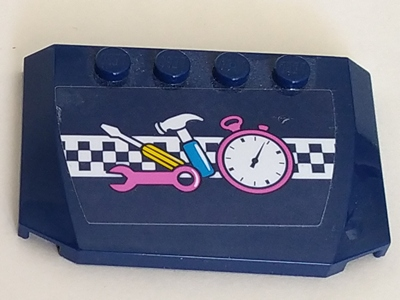 LEGO 52031pb159 dark blue 4x6 wedge with sticker of a stopwatch, screwdriver, hammer, wrench, and checkered stripe.