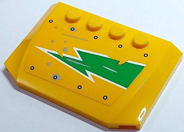 Yellow LEGO 4x6 wedge, triple curved, with a bright green and white worn lightning bolt and silver rivets pattern.
