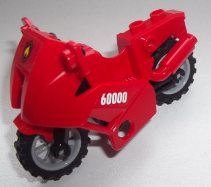 Red LEGO City motorcycle with black and yellow fire logo badge on front and '60000' text on the side.