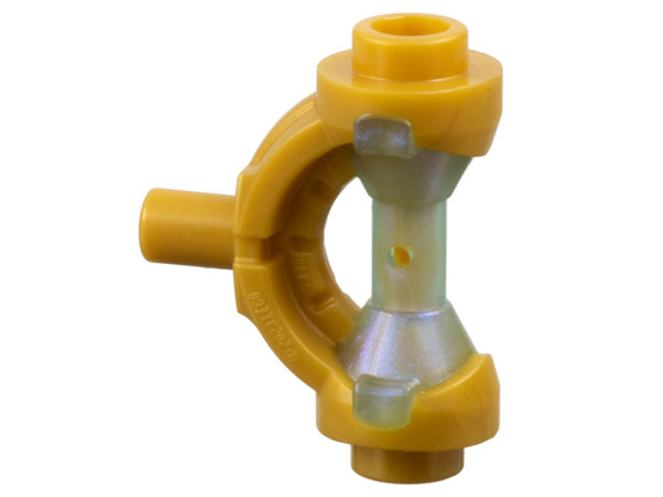 Yellow LEGO minifigure weapon hilt with curved guard and a translucent, iridescent light blue hourglass handle.