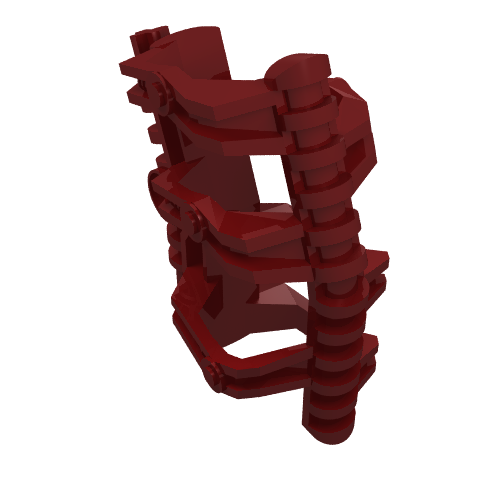 A dark red LEGO Bionicle Zamor Sphere Holder part, showing its cage-like design with multiple connecting bars.