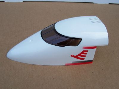 LEGO 54092c01pb02 aircraft fuselage forward top curved 8x16x5 with trans-brown glass, red bird and stripes pattern.