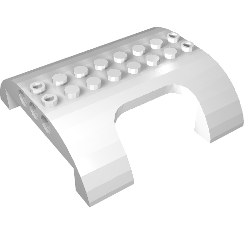 White LEGO Slope, Curved 8 x 8 x 2 Double with Cutout (part 54096) with 16 studs on top and side holes.