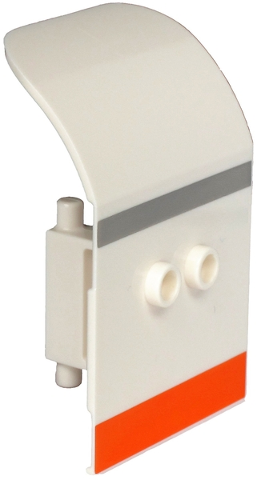 LEGO 54097pb06 Curved Aircraft Door 2x4x6, white with light bluish gray and orange diagonal stripes.