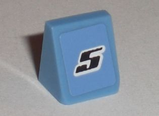 Light blue LEGO Slope 30 1x1x2/3 piece with a sticker showing a black number 5 with a white outline.