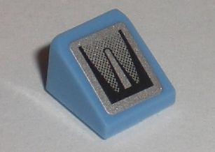 Light blue LEGO Slope 30 1x1x2/3 brick with a silver sticker featuring a black taillight fade pattern.