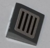 Dark gray LEGO Slope 30 1 x 1 x 2/3 with a light gray area featuring a black grille pattern of four vertical bars.