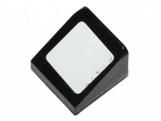 Black LEGO slope 30 1 x 1 x 2/3 brick with a white square pattern sticker on its top surface.