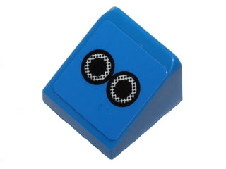 Blue LEGO slope brick 30 1 x 1 x 2/3 with two black and white dotted exhaust pipe stickers on top.