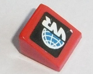 A red LEGO slope brick (1x1x2/3) with a black World Racer logo pattern, featuring white 'WR' text and a blue globe.
