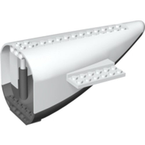 White LEGO aircraft fuselage aft section, curved, with dark bluish gray base, pointed tip, and side studded plate.