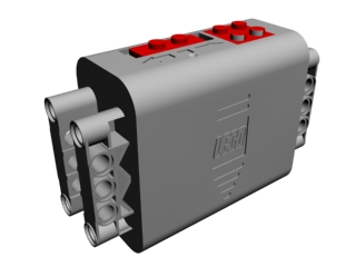 Grey LEGO Electric 9V Battery Box 4x11x7 with a red power switch on top and Technic pin holes.