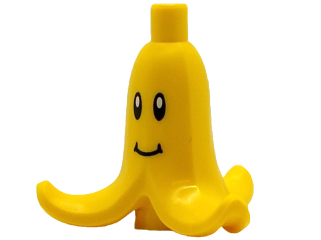 A yellow LEGO peeled banana piece with black and white eyes and a grin.
