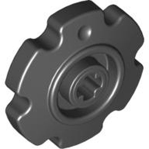 Dark gray LEGO Technic Tread Sprocket Wheel Small with six outer teeth and a central cross-axle hole, viewed at an angle.
