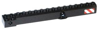 Black LEGO wide crane arm 57779pb010, studs on top, pin hole at mid-point, red and white danger stripes on end.