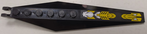 Black LEGO 57906pb019 hinge plate, angled sides, tapered ends, silver robot head and yellow armor panels sticker.