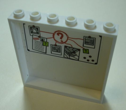 White LEGO 1x6x5 panel with bulletin board pattern featuring red circles, question marks, map, documents, and pictures.