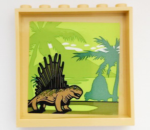 Tan LEGO panel 1x6x5 with a sticker depicting a brown Dimetrodon, palm trees, and mountains in green hues.