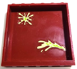 LEGO 59349pb287 dark red panel 1x6x5 with two yellowish green and lime slime splatters pattern, part of set 70424.
