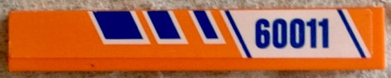 Orange LEGO 1x6 tile with a sticker featuring blue stripes and '60011' on a white background.