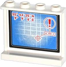 White LEGO panel, 1x4x3, displaying a blue map with grid, coordinates, a red target icon, and a red exclamation mark warning.