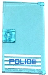 Translucent light blue LEGO door 1x4x6 with a left stud handle. 'POLICE' in blue text on white stripes is at the bottom.