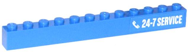Blue LEGO 1x12 brick with white '24-7 SERVICE' text and phone icon pattern on the right side.