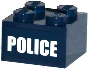 Dark blue LEGO 2x2 brick with white 'POLICE' pattern printed on one side.