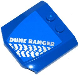 Blue LEGO 4x4x2/3 triple curved wedge with silver 'DUNE RANGER' text and tire tracks pattern.