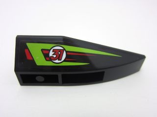 A black LEGO 6x2 inverted right wedge with lime and red stripes and a white circle with red number 31 pattern.