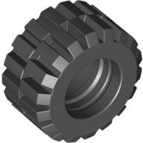 A dark gray LEGO 6015 tire, 21mm D. x 12mm, featuring an offset tread small wide pattern.