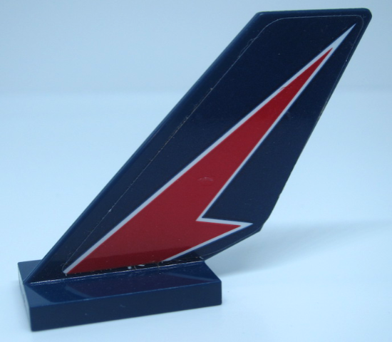 Dark blue LEGO tail shuttle piece with a red lightning bolt design, outlined in white, on a dark blue background.