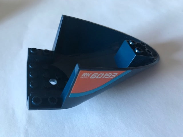 LEGO 87616pb010 - Aircraft Fuselage Aft Section Curved Bottom 6 x 10 with Dark Azure Stripe and Orange Triangle With 'RK60193' and 'Fuel' Pattern on Both Sides (Stickers) - Set 60193