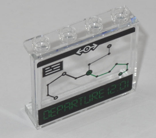 Transparent LEGO panel 1x4x3 with train map graphic, green 'DEPARTURE 12:01' text, and hollow studs.