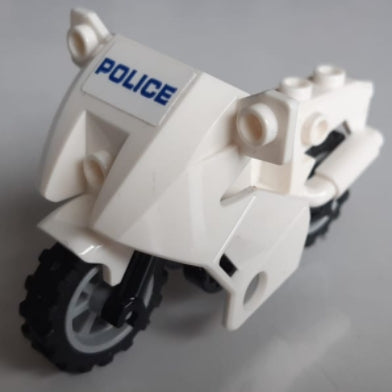 White LEGO Police motorcycle with blue 'POLICE' text on the front fairing, black chassis, and light bluish-gray wheels.