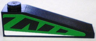 Black LEGO 4x1 slope 18 brick with a green pattern featuring black cutouts and a white stripe.