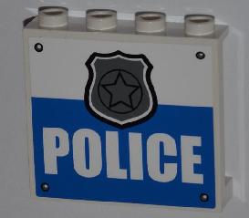 LEGO 1x4x3 panel, white, with hollow studs, 4 rivets, a silver police badge icon and 'POLICE' text on a blue stripe.