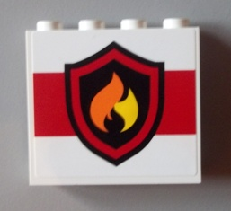 White LEGO panel with red stripe, featuring a black and red shield badge with an orange and yellow flame logo.