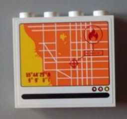 White LEGO panel 1x4x3 with a screen print showing an orange street map, yellow land, coordinates, and a red fire location icon.