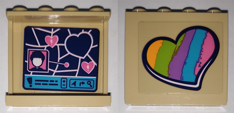 LEGO 60581pb172 tan panel with hollow studs. One side features a rainbow heart, the other a map with hearts, profile, and icons.