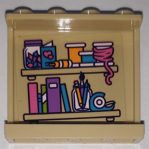 LEGO 60581pb173 - Paneel 1 x 4 x 3 met zijsteunen - Holle studs met vlinder aan buitenkant en planken met boeken en knutselspullen patroon aan binnenkant (stickers) - Set 41340