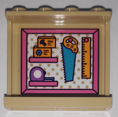 Tan LEGO panel 1x4x3 with side supports and a sticker pattern of a tape measure, saw, ruler, screw, and nut.