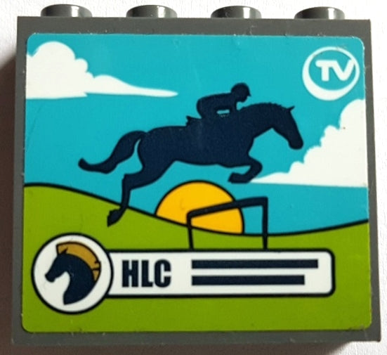 LEGO 60581pb217 - Paneel 1 x 4 x 3 met zijsteunen - Hollow Studs met 'HLC' en springend paard op TV-scherm patroon (sticker) - Set 41367