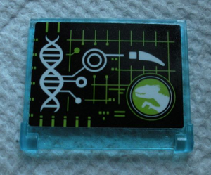 Light blue LEGO window piece with black sticker featuring a green grid, white DNA helix, claw, and Jurassic World logo.