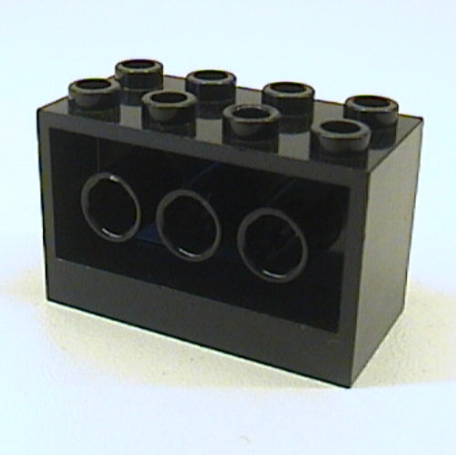 A black LEGO Brick, Modified 2 x 4 x 2, with three holes visible on its side, against a white background.